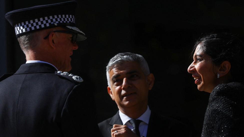 Sir Mark Rowley, Sadiq Khan and Suella Braverman