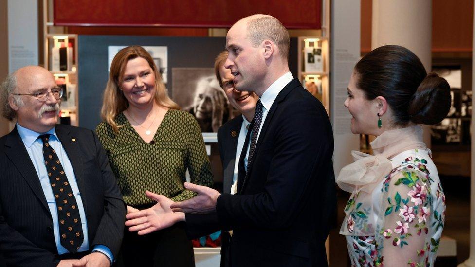 Prince William and Sweden's Crown Princess Victoria (right) spoke to Professor Haldane, the Nobel Prize in Physics laureate, and Professor Wedell, chair of the Nobel Committee for Physiology or Medicine, at the museum