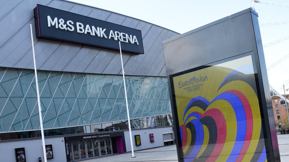 Eurovision Song Contest graphic on screen outside M&S Bank Arena in Liverpool, 18 April 2023