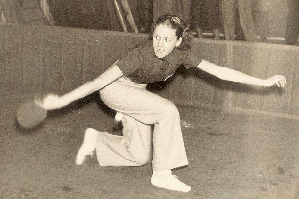 Miss Betty Henry (USA) photographed in play during the Table Tennis Championships of the world, which are now taking place at the Royal Albert Hall