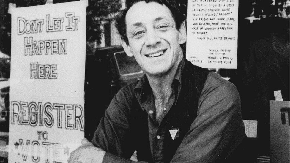 Harvey Milk, pictured in San Francisco in 1977