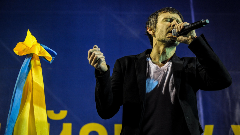 Svyatoslav Vakarchuk, lead singer of Okean Elzy band, singing at a Euromaidan concert in Kiev