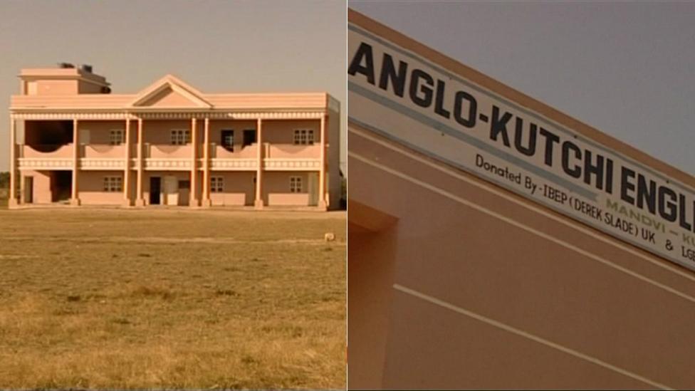 The school in Gujarat and the sign showing his name