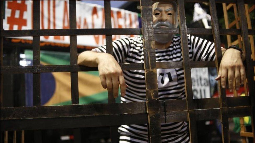 Demonstrators against former Brazilian President Luiz Inacio Lula da Silva hold a rally demanding he must be jailed, in Sao Paulo, Brazil on April 03, 2018.