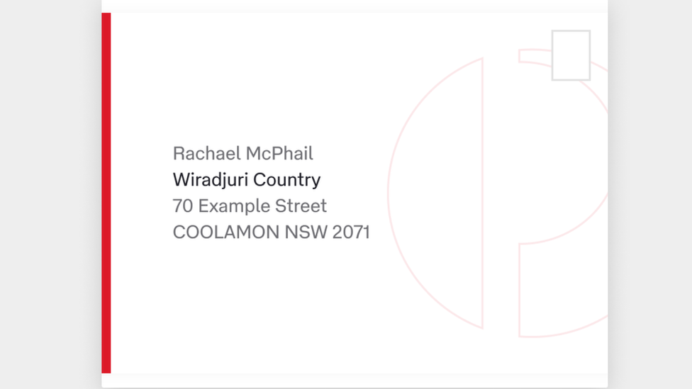 An Australia Post mock-up of address lines including a traditional place name