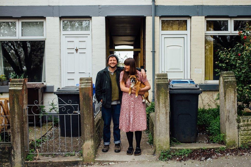 Doorstep portrait of Joe, Danni and Pawel in Heeley