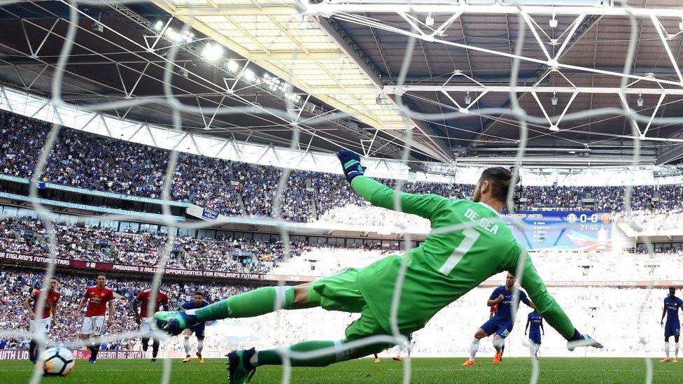 Eden Hazard of Chelsea scores a penalty past David De Gea of Manchester United during The Emirates FA Cup Final between Chelsea and Manchester United at Wembley Stadium on May 19, 2018 in London, England