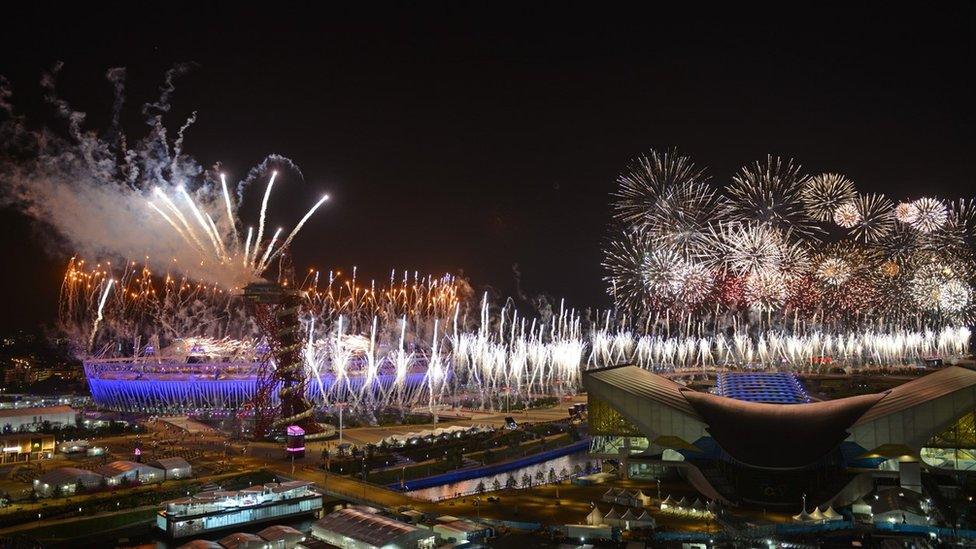 Fireworks go off in the Olympic Park at the end of the opening ceremony of the London 2012 Olympics in Stratford