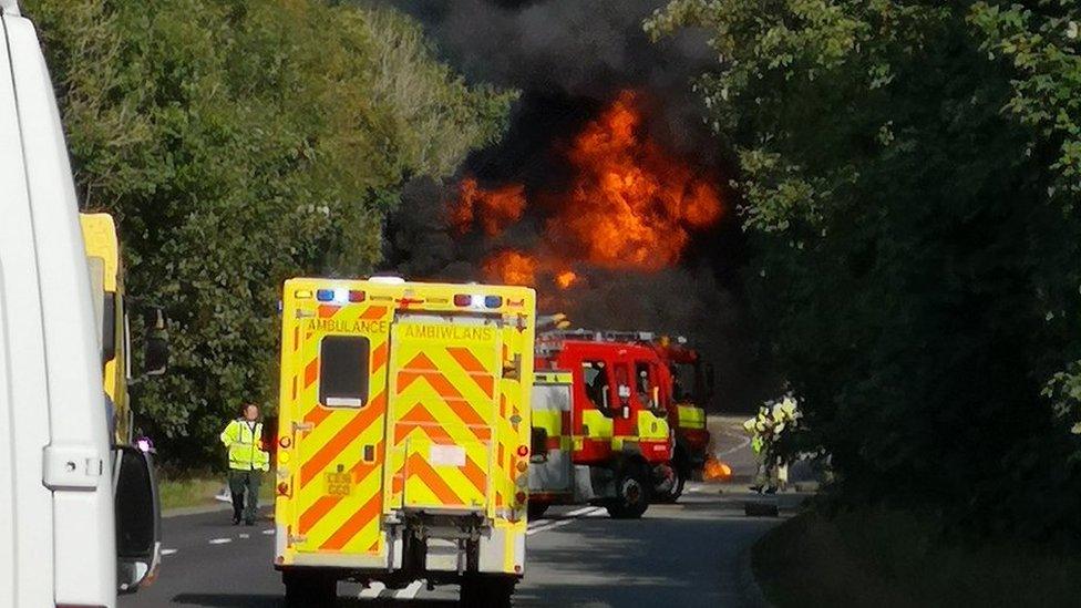 A lorry on fire