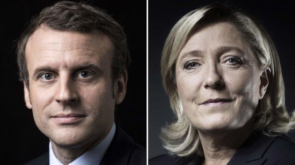 A combination of picture made on April 23, 2017 shows French presidential election candidate for the En Marche ! movement Emmanuel Macron and French presidential election candidate for the far-right Front National (FN) party Marine Le Pen posing in Paris.