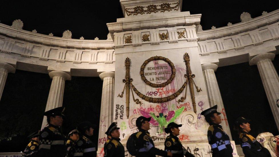 Women take part in a protest to mark the International Day for the Elimination of Violence against Women, in Mexico City, Mexico, 25 November 2019.