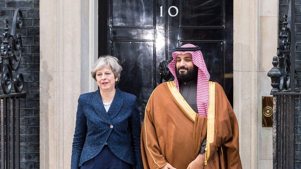 Saudi Crown Prince Mohammad bin Salman with British Prime Minister Theresa May outside 10 Downing Street