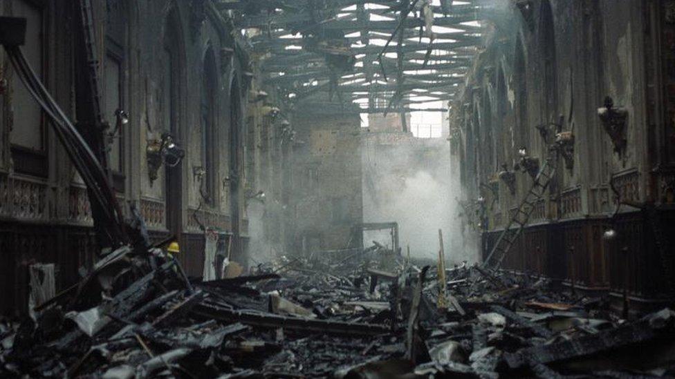 The interior of St George's Hall, Windsor Castle, following the fire of 20/11/1992.