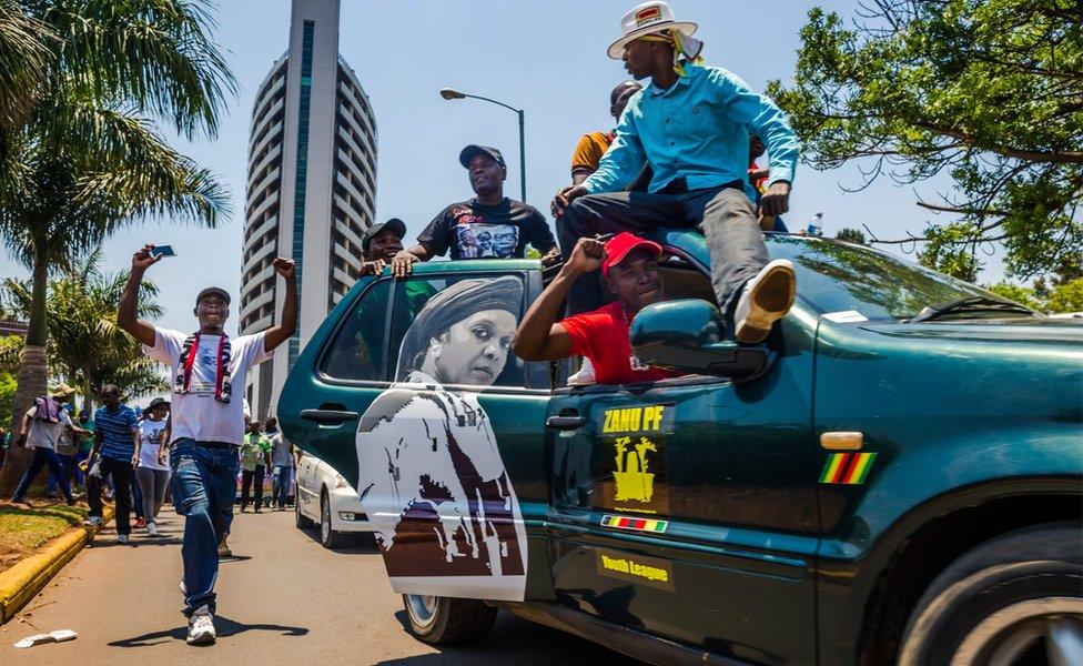 Supporters of Zimbabwe"s President gather at his party headquarters to show support to Grace Mugabe becoming the party"s next Vice President after the dismissal of Emerson Mnangagwa November 8 2017