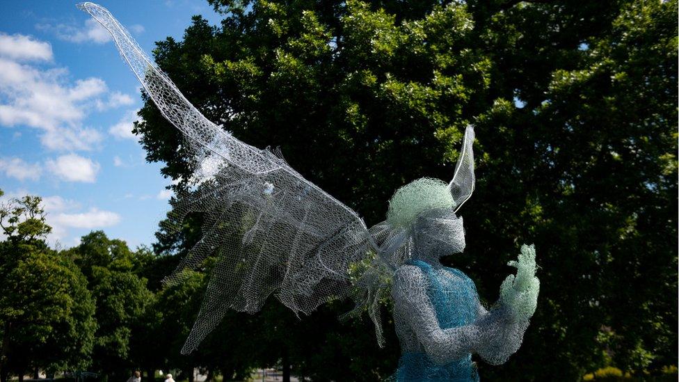 Sculptor Luke Perry"s winged medical worker, which has been installed at a park near Birmingham paying tribute to the NHS and care workers during the coronavirus pandemic.