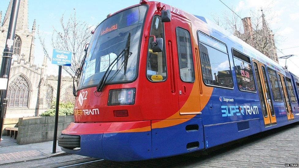 A Sheffield tram drives past Sheffield cathedral