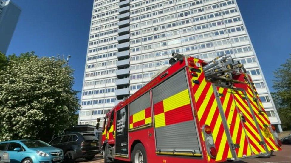 A fire engine parked outside the entrance to Redheugh Court