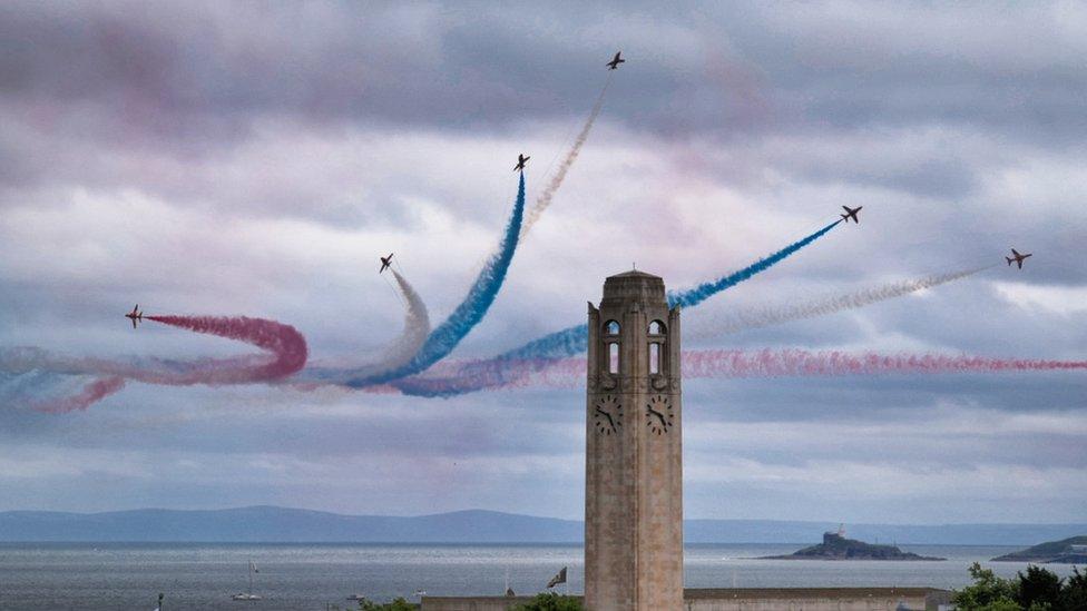 Red Arrows breaking away over Swansea Bay