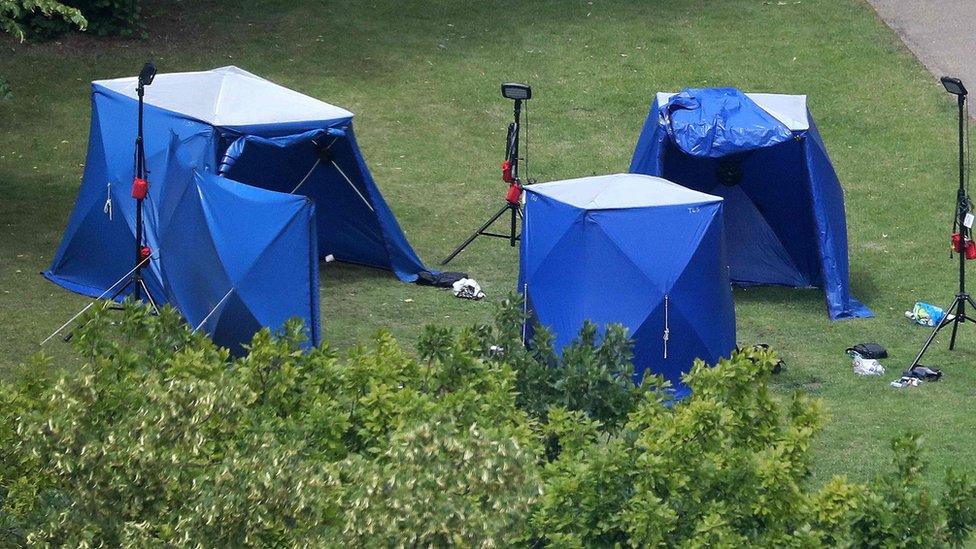 Police tents and equipment at Forbury Gardens in Reading