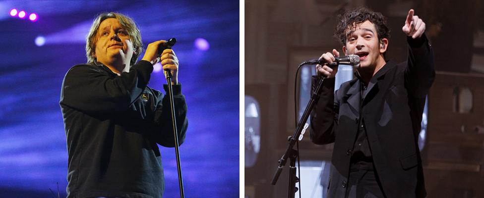 A split picture of Lewis Capaldi on stage, looking away from the camera, and The 1975's Matty Healy on stage. Matty is pointing at the camera