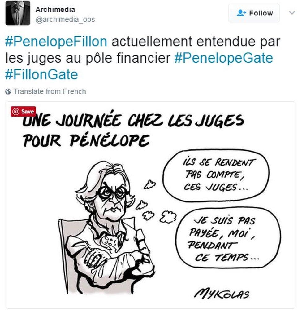 Drawing of Penelope Fillon in court and thinking: 'They don't get it these judges. I'm not getting paid for this.'