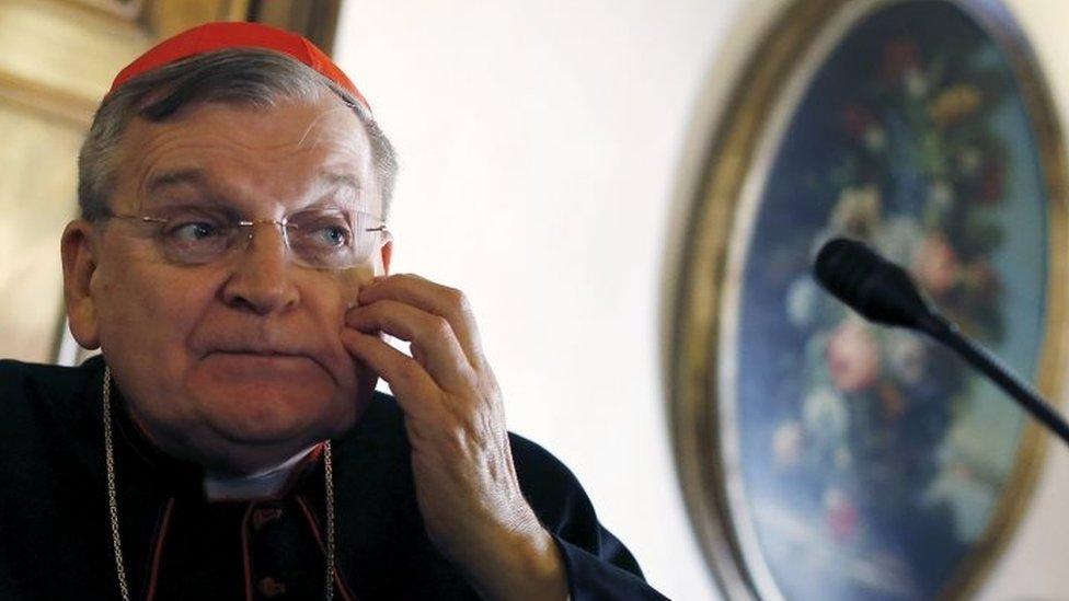 Cardinal Raymond Leo Burke of attends a news conference by the conservative Catholic group Voice of the Family in Rome (15 October 2015)