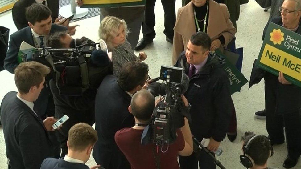 Neil McEvoy in a media scrum at the Plaid Cymru 2017 spring conference