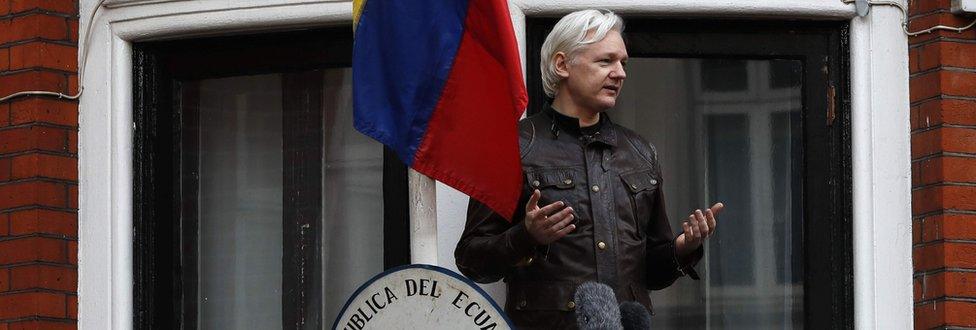 In this file photo taken on May 19, 2017 Wikileaks founder Julian Assange speaks from a balcony at the Embassy of Ecuador in London.