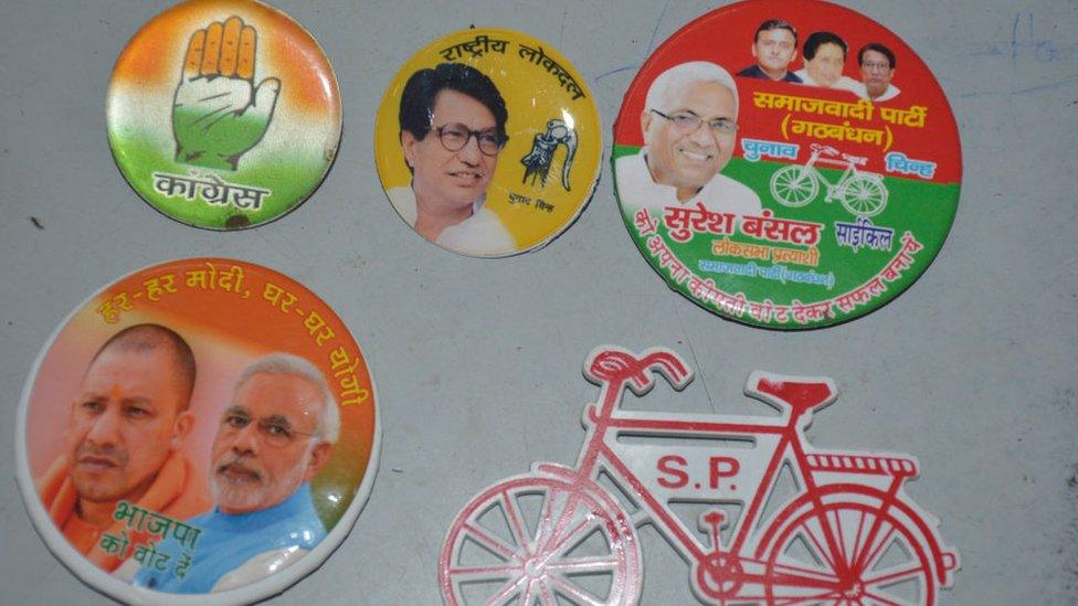 A view of political posters, party flags and hoardings are seen at Navyug Market on April 4, 2019 in Ghaziabad, India.