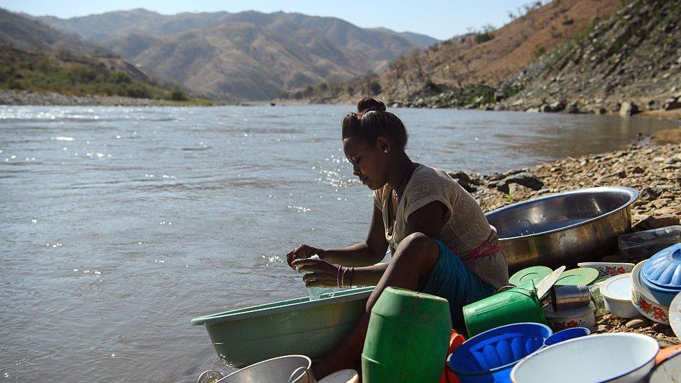 A woman by the Tekeze River in Tigray, Ethiopia - archive shot