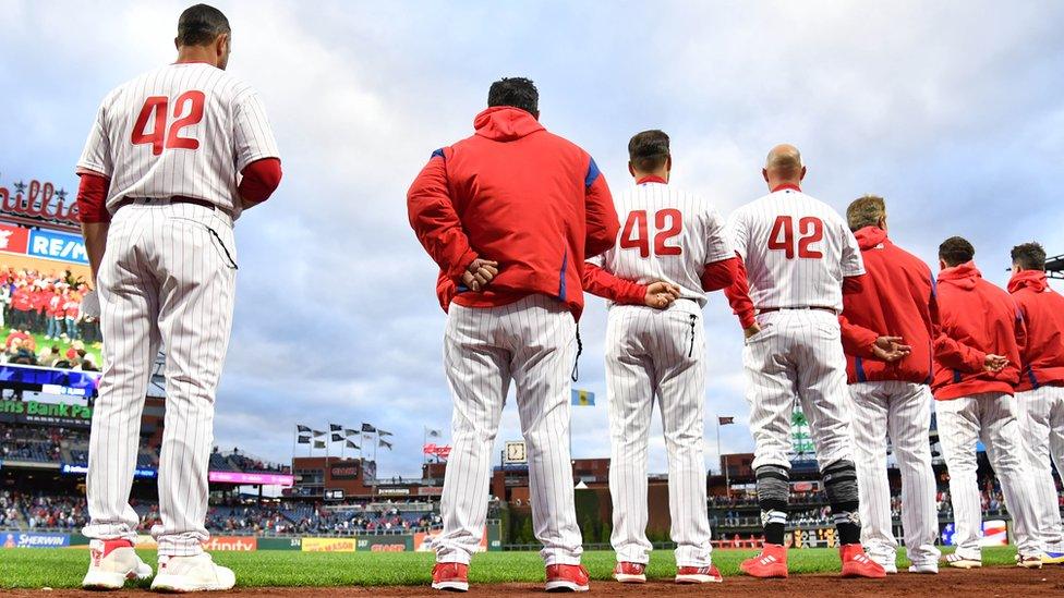 Philadelphia Phillies team wearing number 42 shirts