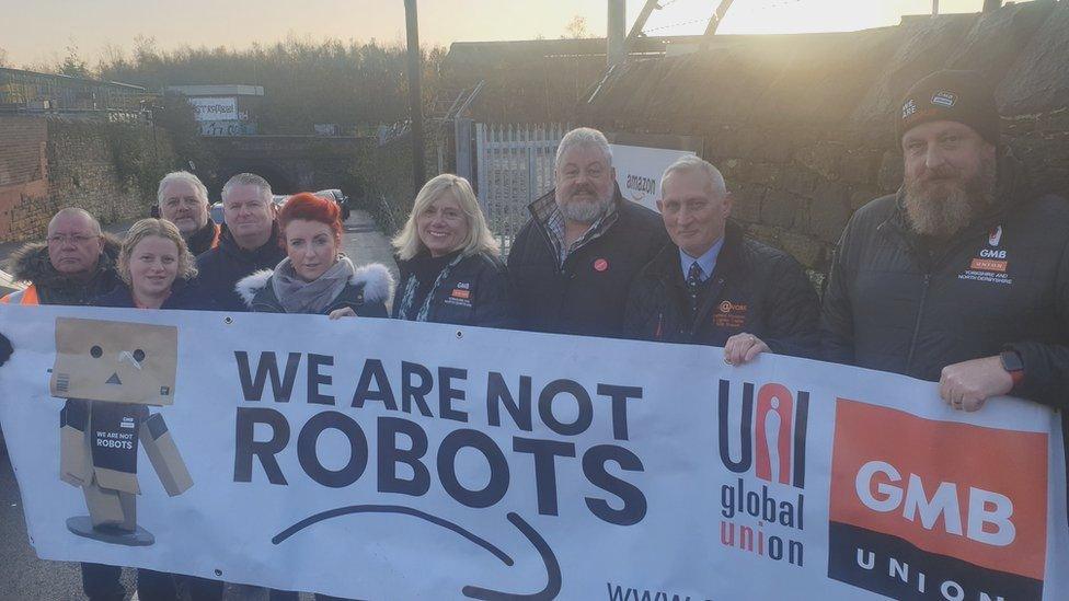 Protesters outside an Amazon warehouse