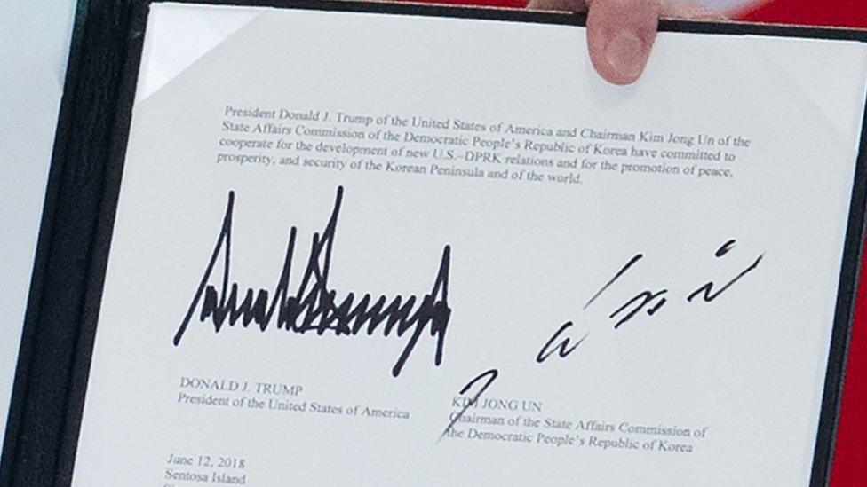 The signatures of US President Donald Trump and Korean leader Kim Jong-un