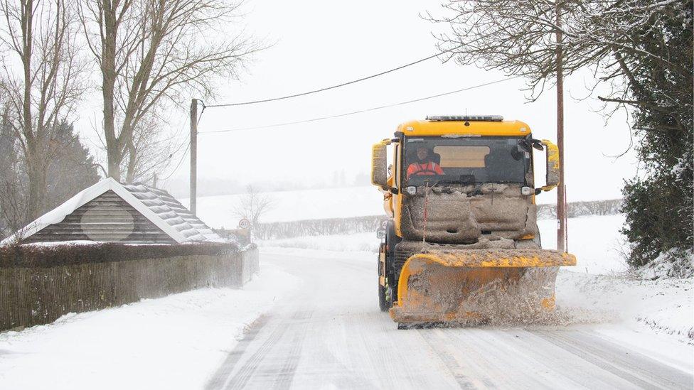 A snowplough clearing the road near Barham, Ipswich