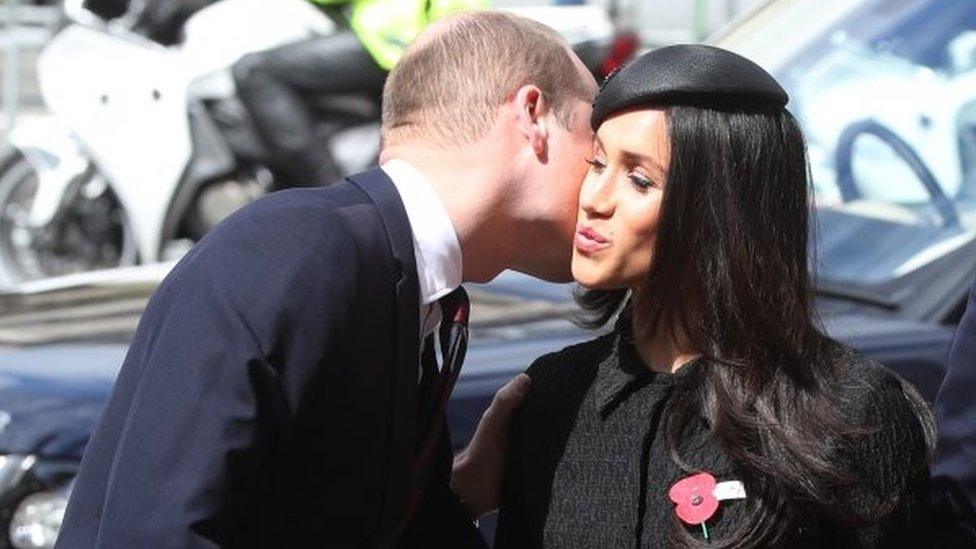 Meghan Markle greets the Duke of Cambridge as they arrive at the Westminster Abbey Anzac Day service