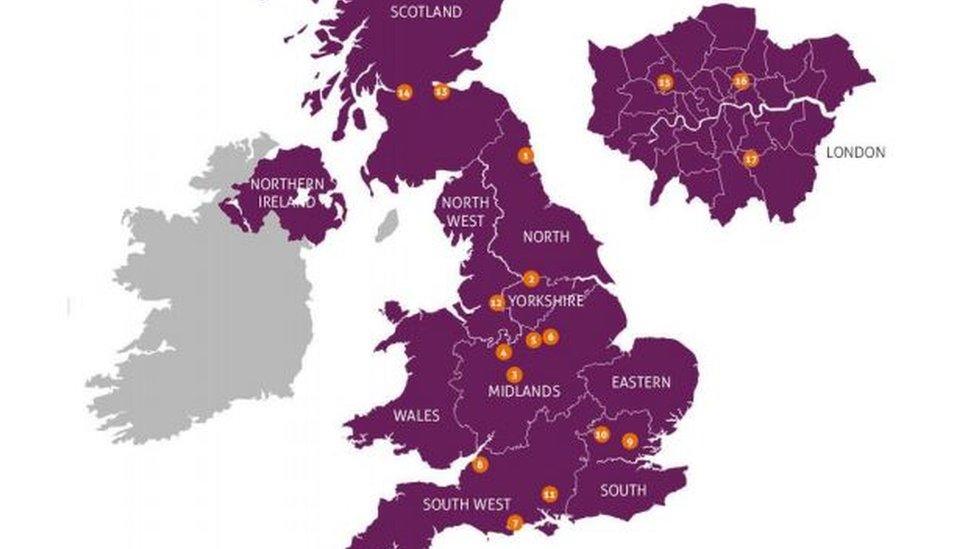 Map showing MBUs in the UK