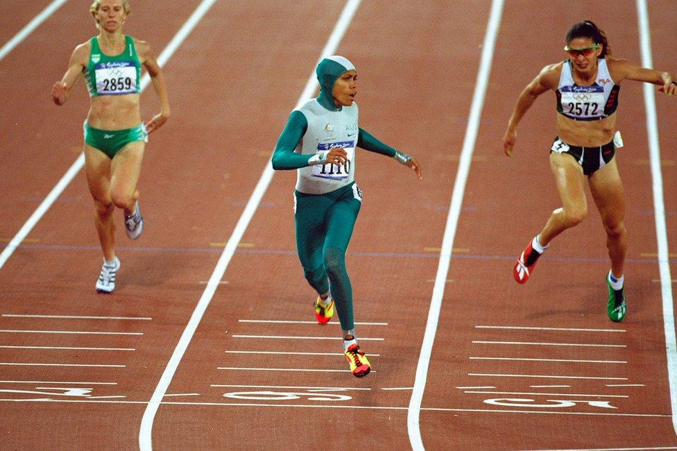 25 Sep 2000: Cathy Freeman of Australia crosses the line to win gold in the Womens 400m Final at the Olympic Stadium on Day Ten of the Sydney 2000 Olympic Games in Sydney, Australia.