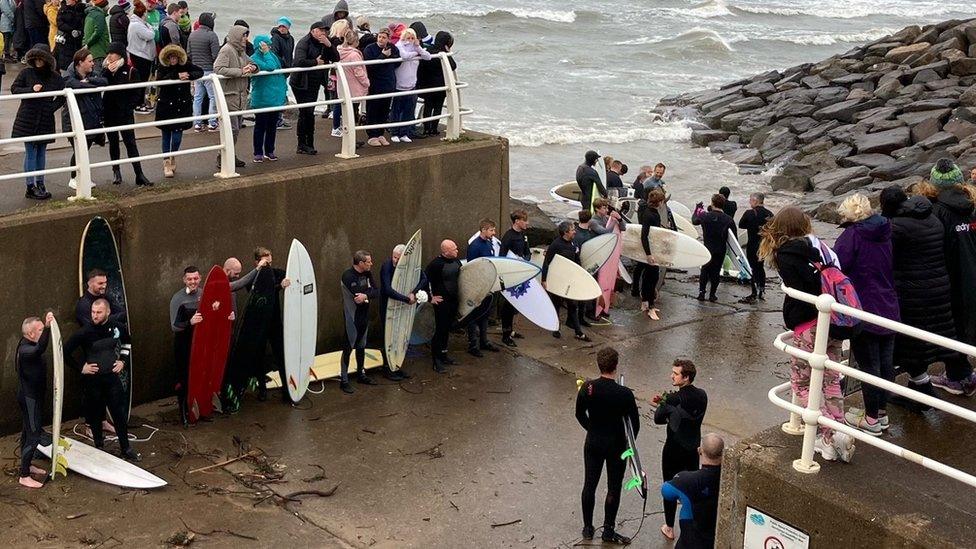 Surfers and crowd at Aberavon Beach