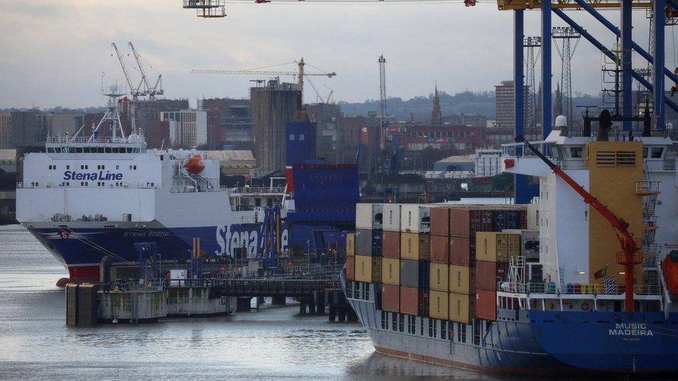 A Stena Line Irish Sea ferry is berthed next to a container ship at the Port of Belfast