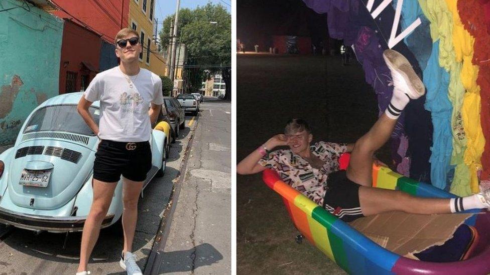 On the left, Jamie smiles in front of a blue car in Mexico; on the right he's posing in a multicoloured bath at Pride with his leg in the air