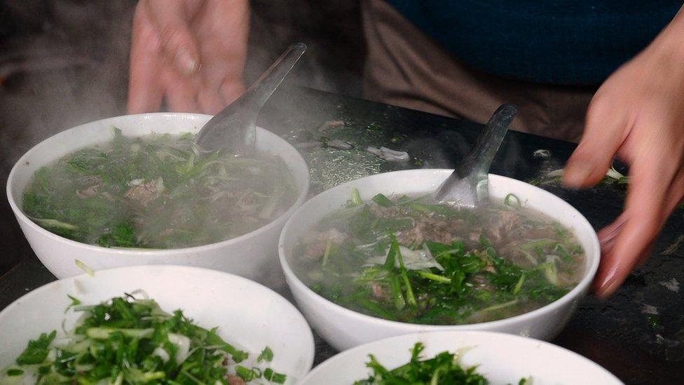 Bowls of steaming Pho, served in Hanoi