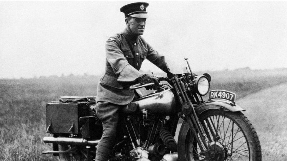 TE Lawrence on his motorbike in 1927