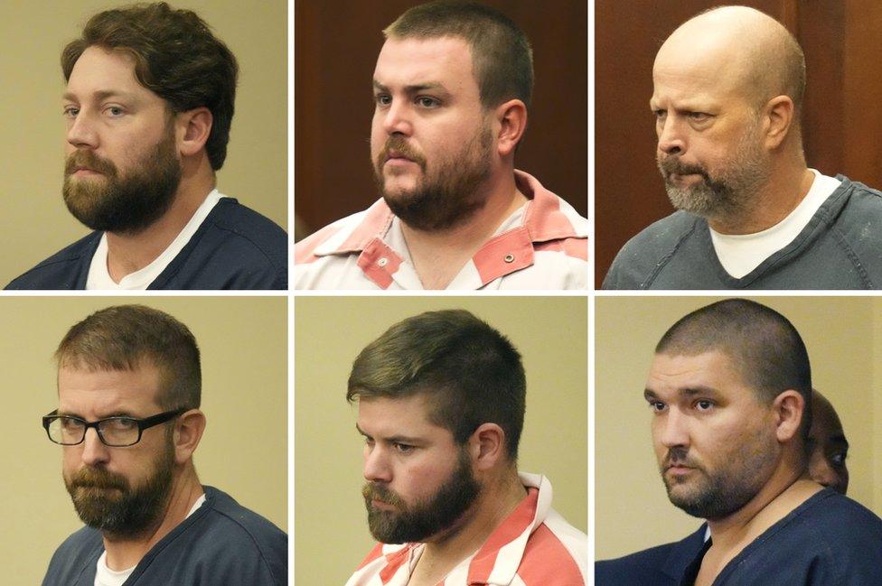 From top left, former Rankin County sheriff's deputies Hunter Elward, Christian Dedmon, Brett McAlpin, Jeffrey Middleton, Daniel Opdyke and former Richland police officer Joshua Hartfield