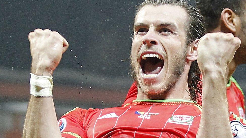 Gareth Bale celebrates Wales' Euro 2016 qualification