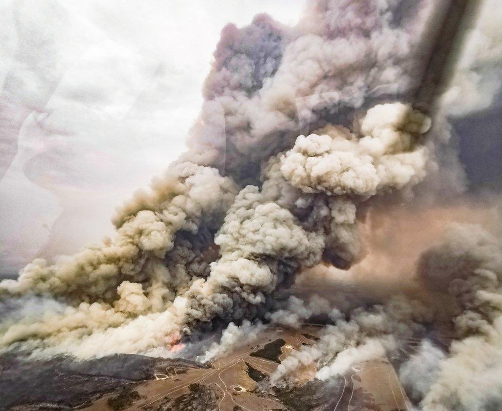 Aerial shot of huge clouds of smoke from the bushfire as it raced across Parndana, Kangaroo Island on 9 January