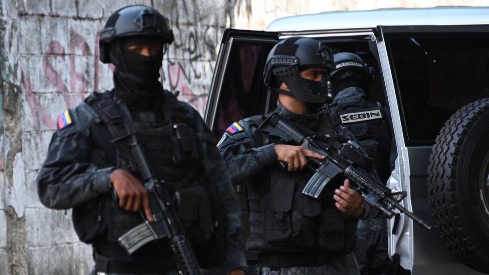 Members of Venezuela Intelligence Services (SEBIN) in Caracas on 16 May