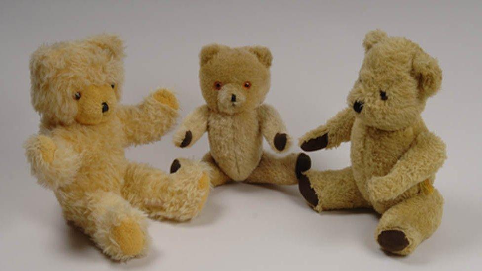 One bear (left) made by Wendy Boston Teddy Bears and two produced by Deans