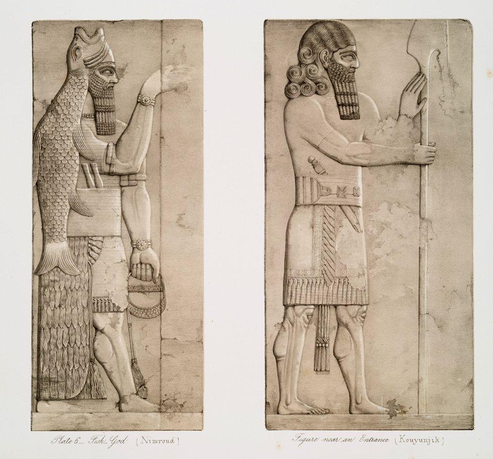 Two drawings of genies with elaborate headdresses