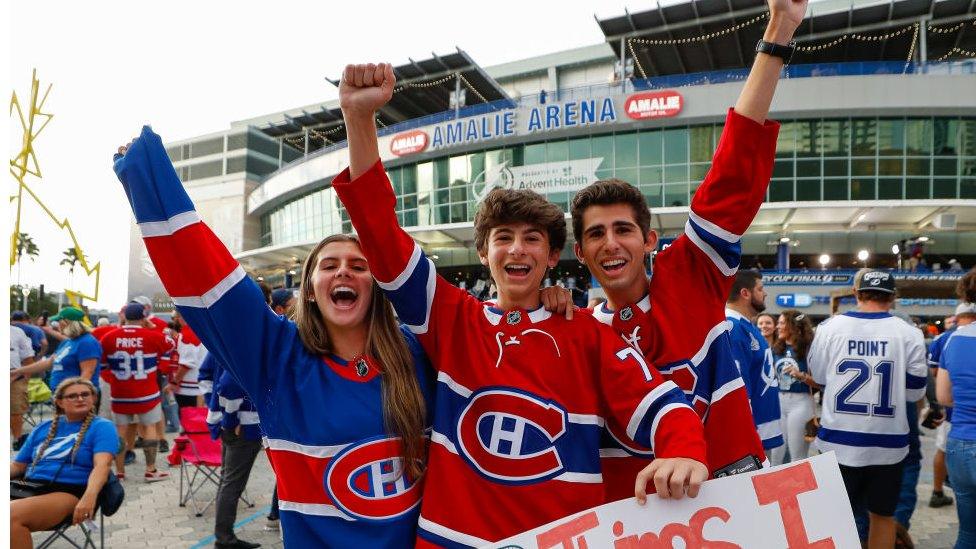 Fans of the Montreal Canadiens cheer prior to Game One of the Stanley Cup Final