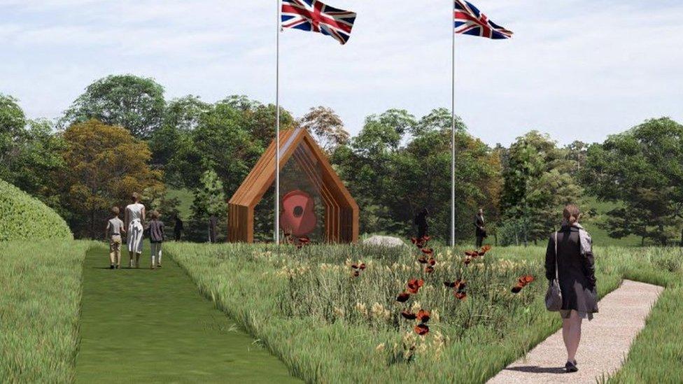 An artist's impression of the Poppy of Honour memorial with people walking nearby